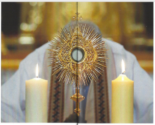 Monstrance with two candles and a clergyman behind it.